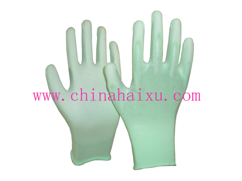 Light green polyester PU coated gloves
