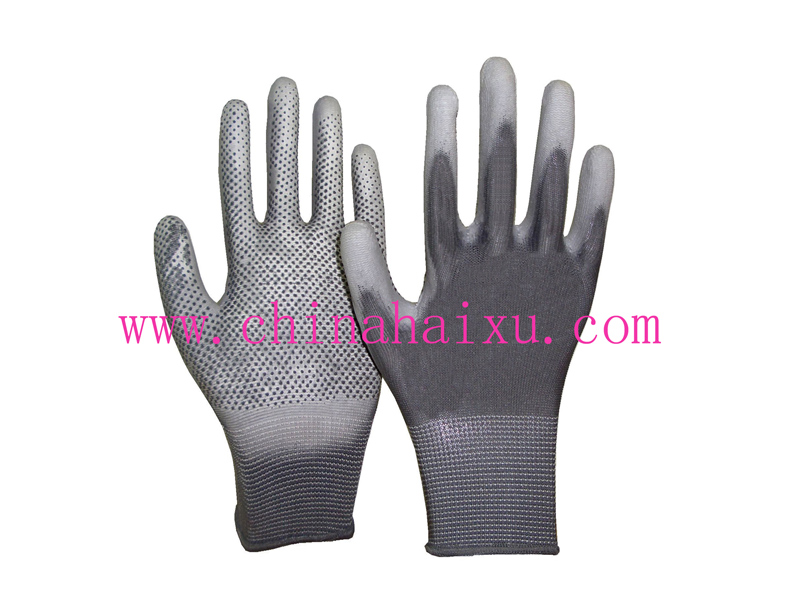 Black polyester PU and dotted coated safety gloves