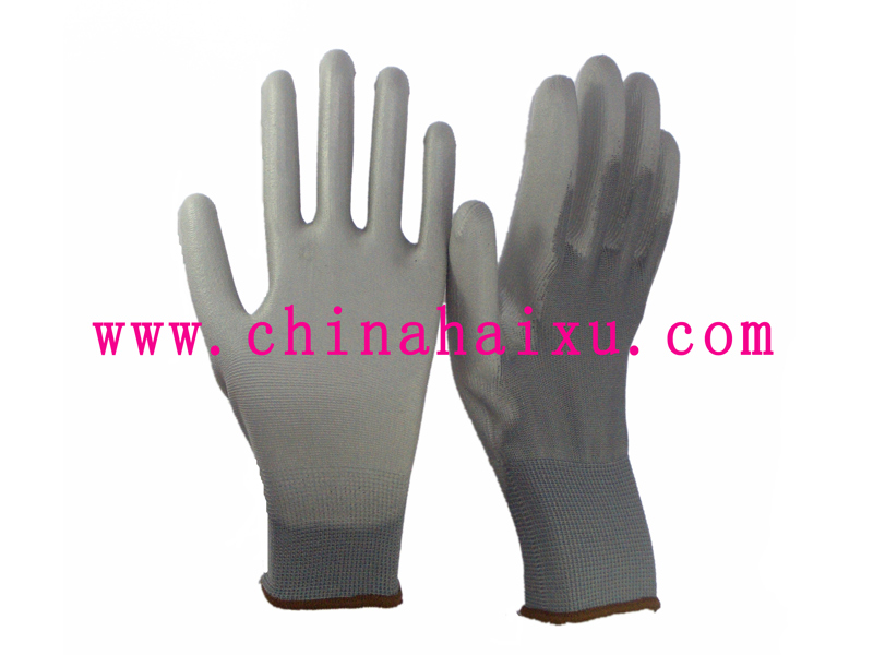 Grey polyester knitted grey PU work gloves
