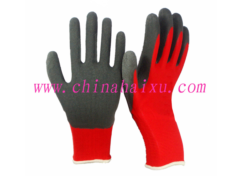 Red polyester grey latex coated safety work gloves