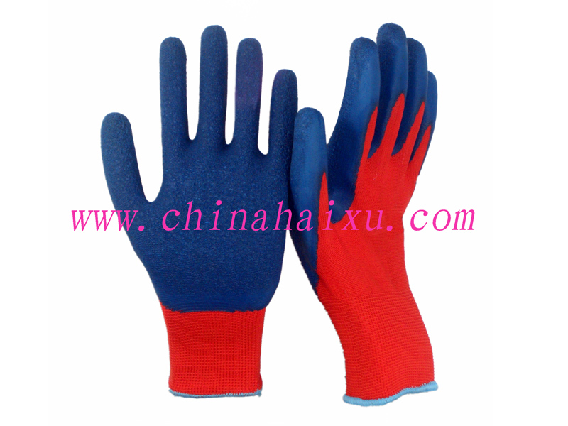 Red polyester blue latex coated safety work gloves