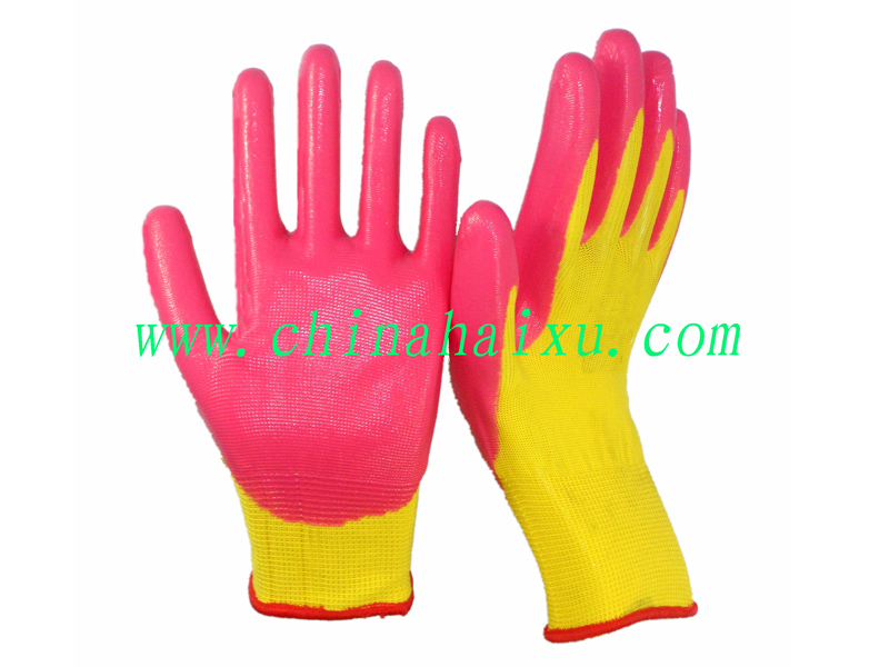 Yellow polyester pink nitrile coated working gloves
